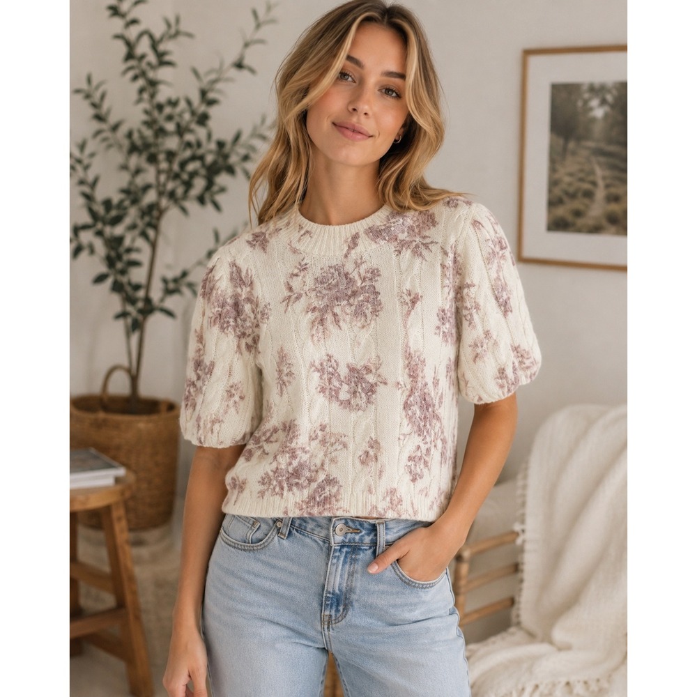 Sincerely Jules Floral Cable Knit Sweater Large Cream Mauve Coquette Cottagecore